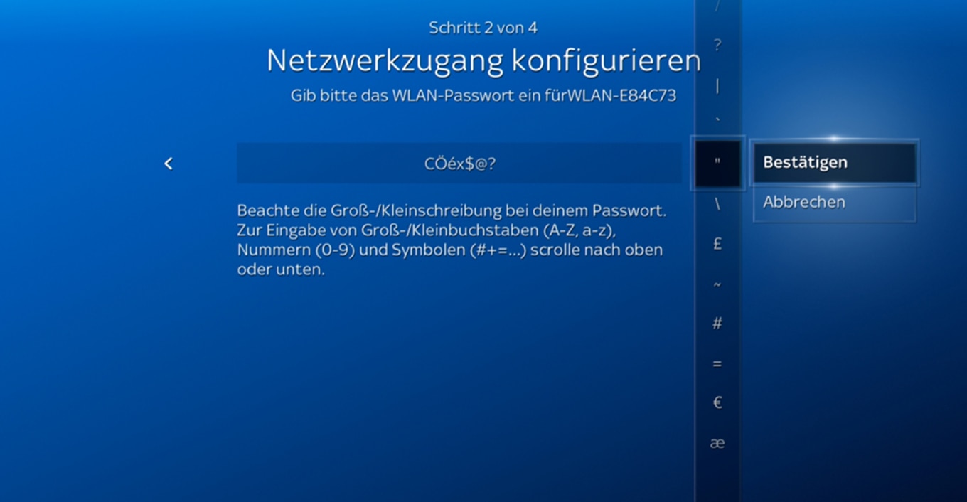 Passworteingabe; wählen Sie die Zeichen mit den Pfeiltasten aus und bestätigen Sie mit der OK-Taste.