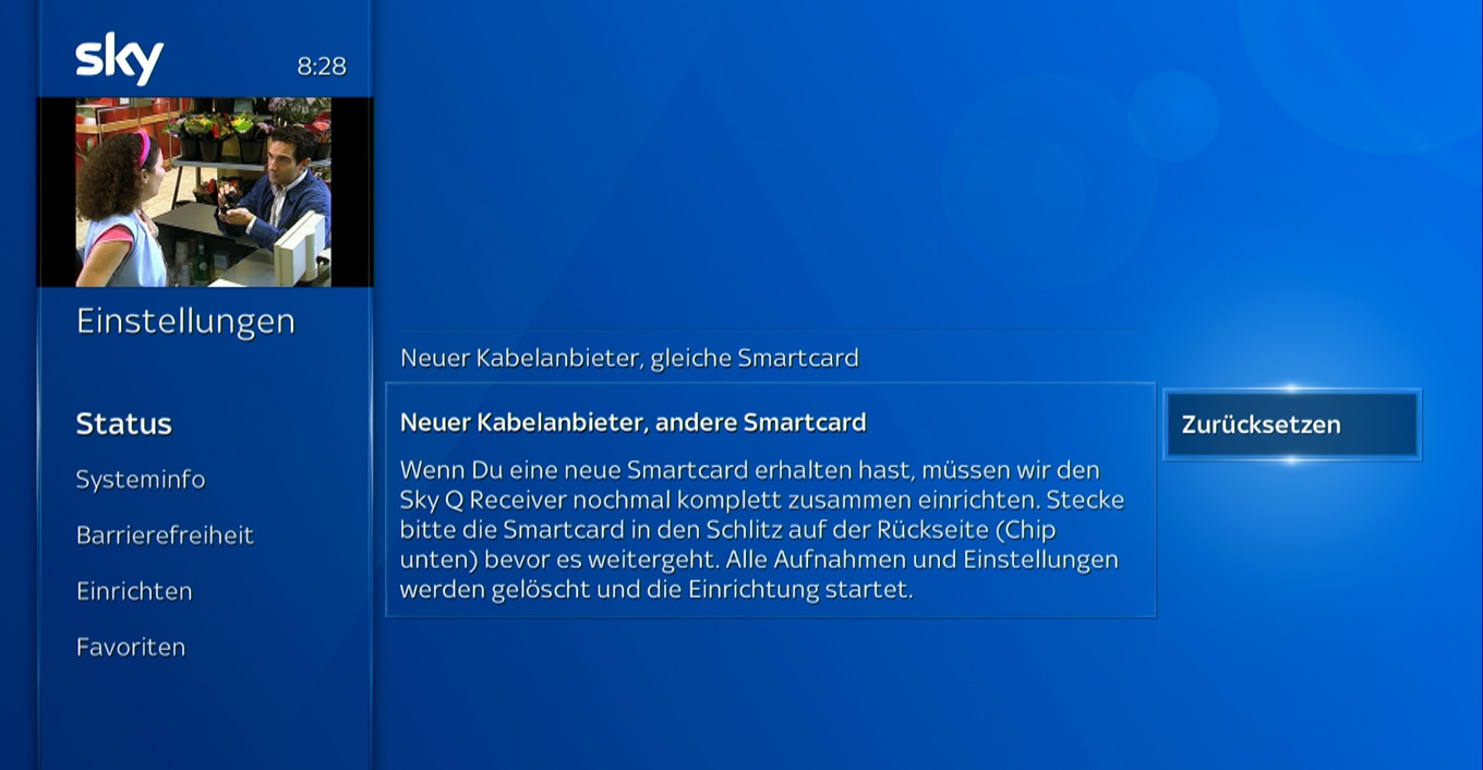 Wählen Sie Neuer Kabelanbieter, gleiche Smartcard > Neuer Scan oder Neuer Kabelanbieter, andere Smartcard > Zurücksetzen