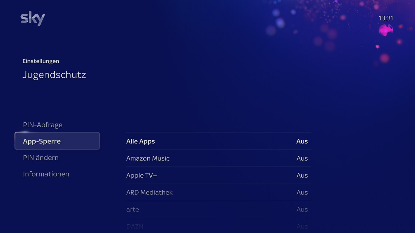 Bildschirm „Jugendschutz“ mit App-Liste zum Festlegen der PIN für die Jugendschutz unter „App-Sperre“