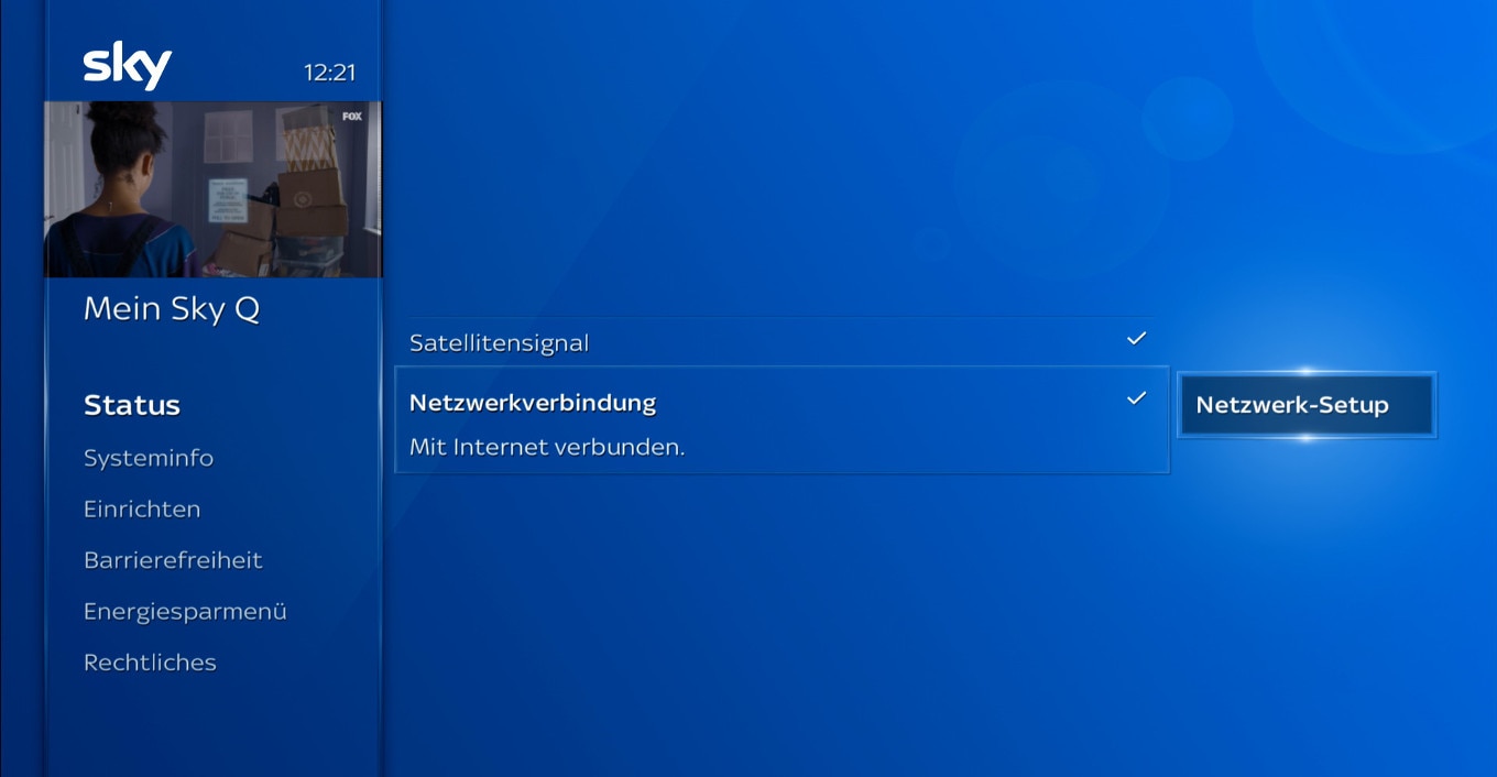 Sky Q-Startbildschirm; navigieren Sie zu Mein Sky Q > Einstellungen > Status > Netzwerkverbindung > Netzwerk-Setup