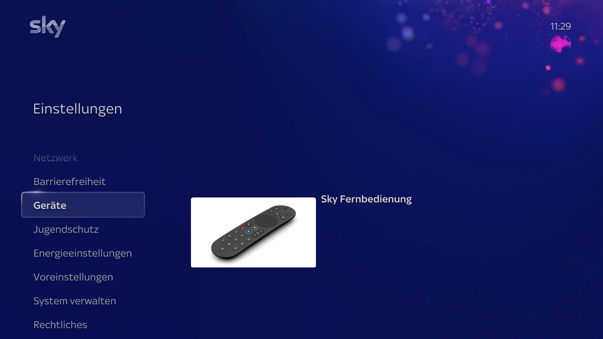 Auf dem Einstellungsbildschirm wird der Benutzer aufgefordert, unter „Geräte“ die Sky-Fernbedienung auszuwählen.