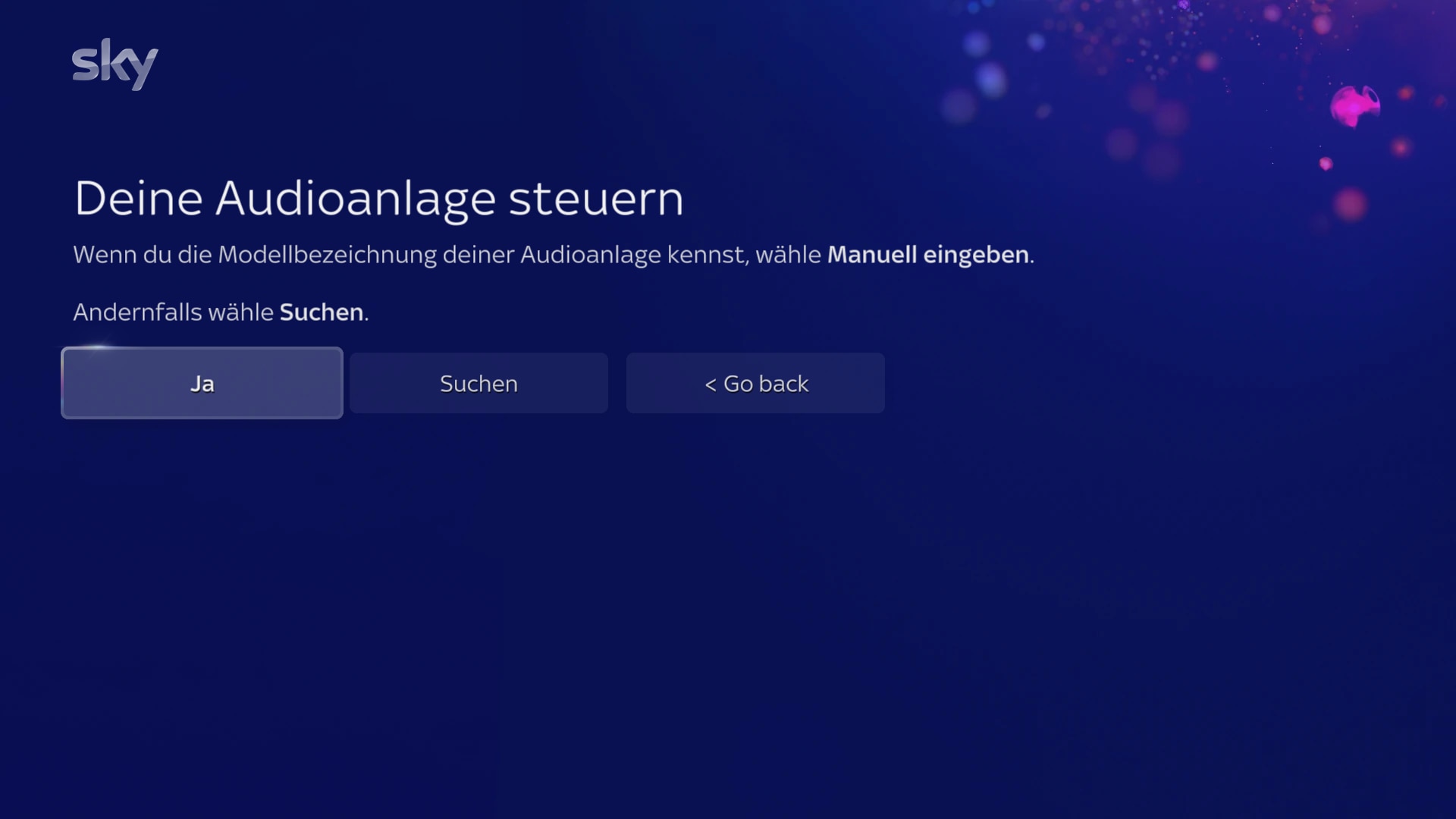 Bildschirmaufforderung zur Eingabe des Audiosystemmodells durch Auswahl von „Manuell eingeben“ oder „Suchen“.