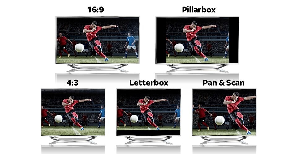 Fünf verschiedene Bildformate: 16:9, Pillarbox, 4:3, Letterbox, Pan & Scan.