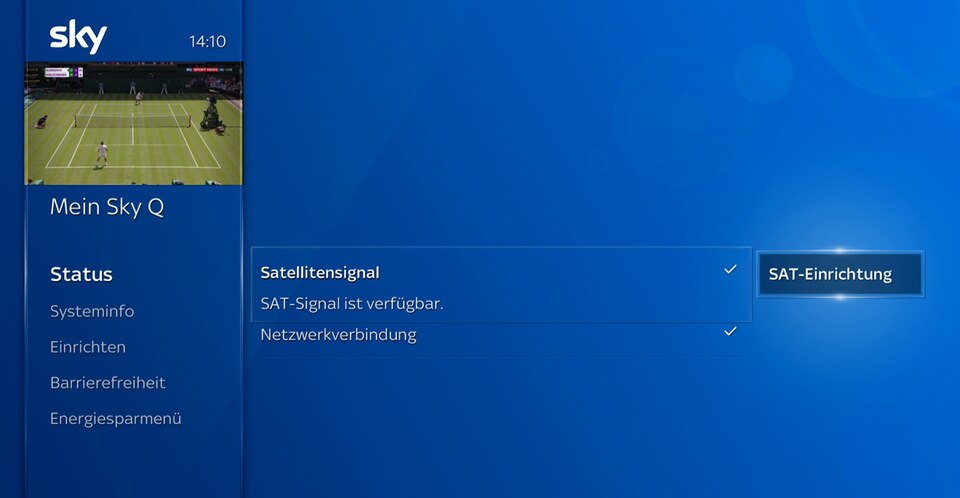 Startbildschirm des Sky Q Receivers; navigieren Sie zu Mein Sky Q>Einstellungen>Status>Satellitensignal>SAT-Einrichtung