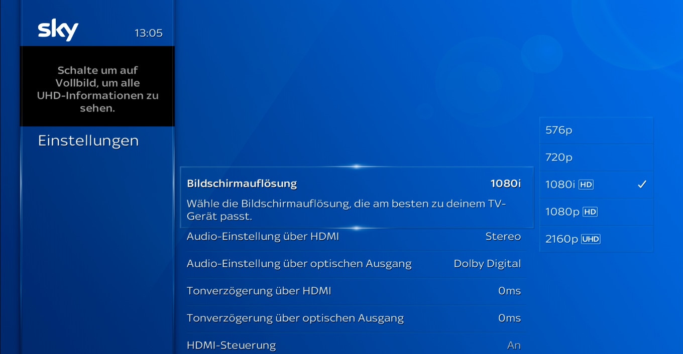 Sky Q-Einstellungsbildschirm; navigieren Sie unter Bildschirmauflösung zu 2160p und bestätigen Sie mit der OK-Taste
