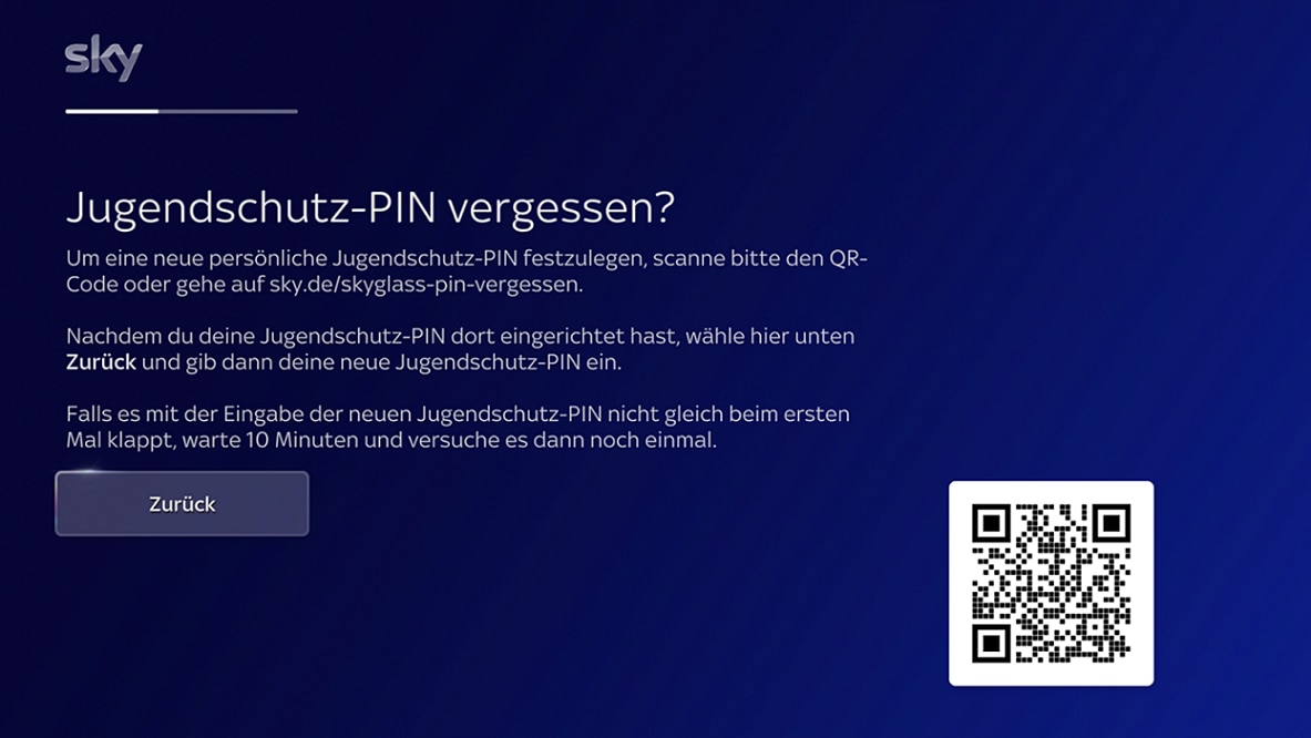 Bildschirm mit QR-Code zum Zurücksetzen der PIN für die Kindersicherung.