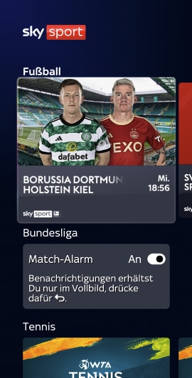 Anzeige der Sport App mit dem aufgeblendeten Hinweis, dass der Volbildmodus aktiviert sein muss, damit der Match-Alarm funktioniert.