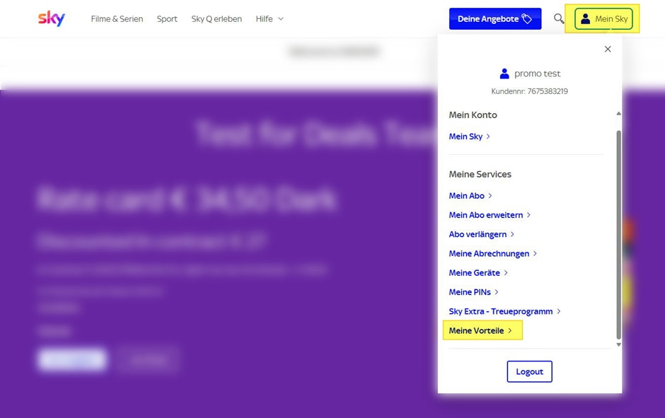Die Menüoption „Meine Vorteile“ ist unter dem Menüpunkt „Mein Sky“ auf der Paramount+-Seite hervorgehoben.