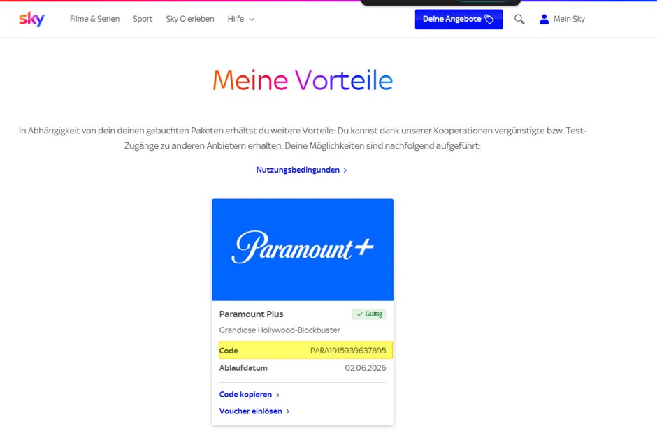 Der Paramount+ Gutscheincode wird auf der Seite „Meine Vorteile“ zusammen mit der Option „Gutschein einlösen“ angezeigt.