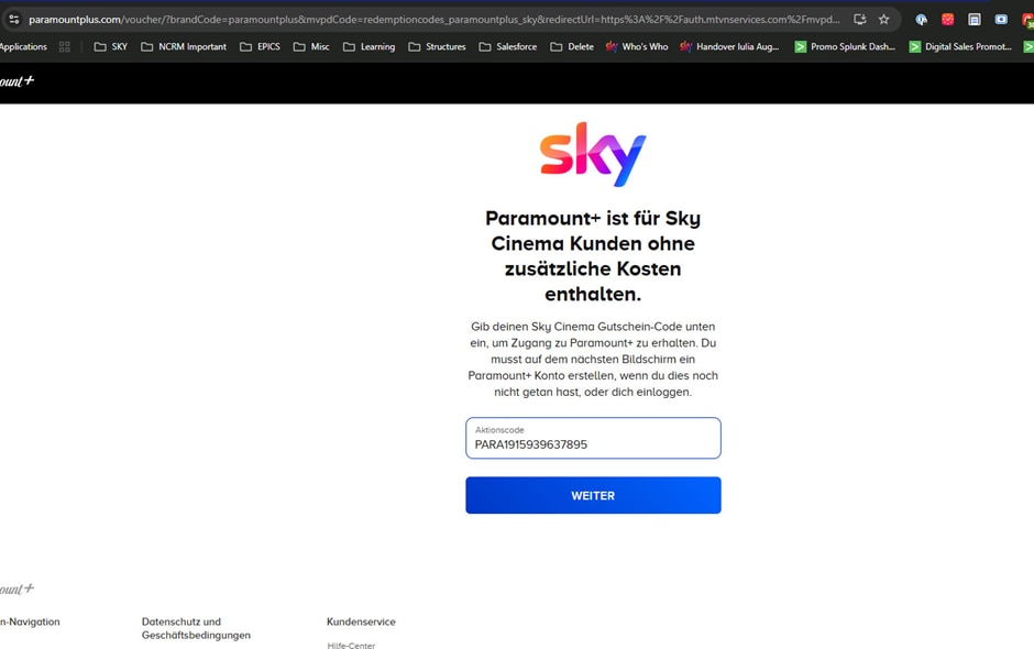 Paramount+ Seite, auf der der Code automatisch mit der Schaltfläche „Weiter“ vorausgefüllt ist