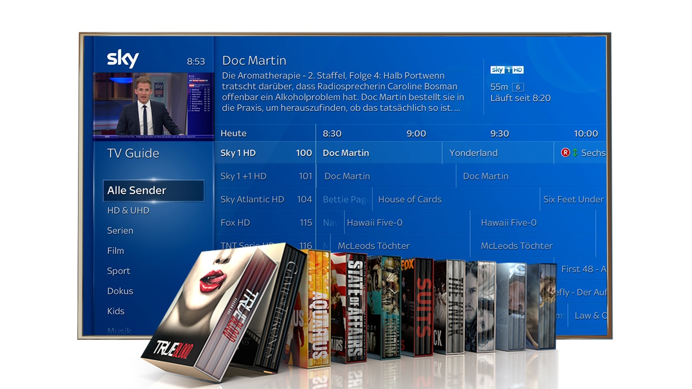 Der TV Guide mit Optionen wie Alle Sender, HD & UHD, Serien, Filme, Sport und der „Aufnahme“-Taste.
