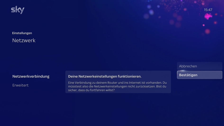 Einstellungen > Netzwerk > Statusbildschirm mit hervorgehobener Schaltfläche „Bestätigen“.