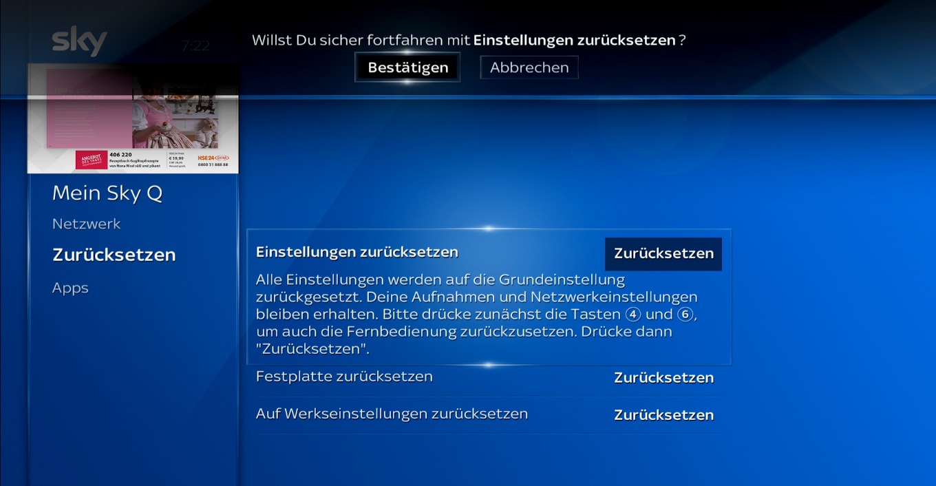 Bildschirm des Sky Q-Receivers; wählen Sie „Bestätigen“ und dann erneut „Bestätigen“ mit der OK-Taste