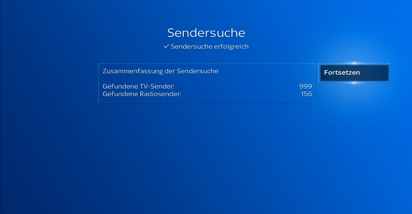Zusammenfassung des Sendersuchlaufs; navigieren Sie zu Fortsetzen und bestätigen Sie mit der OK-Taste.