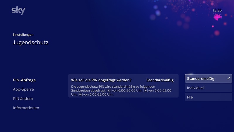 Bildschirm „Kindersicherung“ mit PIN-Abfragezeiten für Standardmäßig