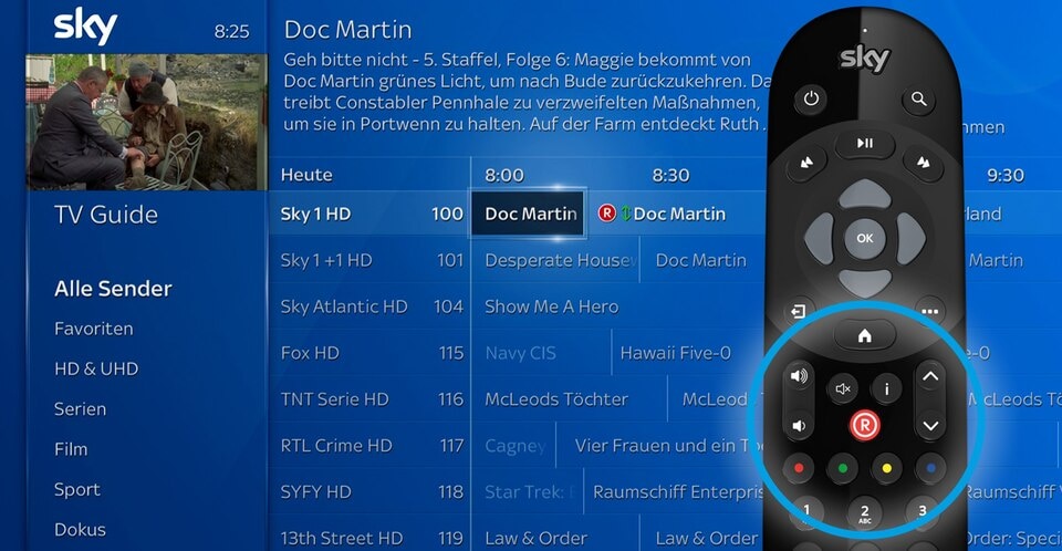 Der Sky Q Receiver und die Sky Q Fernbedienung mit verschiedenen Optionen und Tasten.