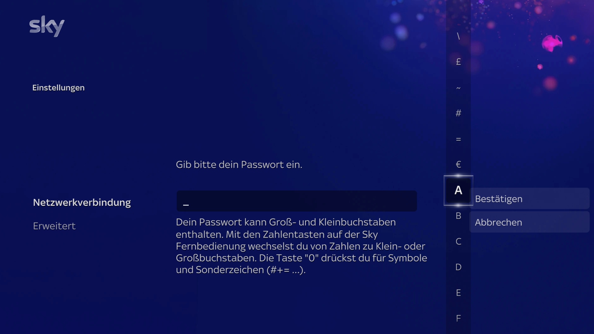 Bildschirm mit der Aufforderung, das WLAN-Passwort einzugeben. Wählen Sie dazu mit den Pfeiltasten die Zeichen aus.