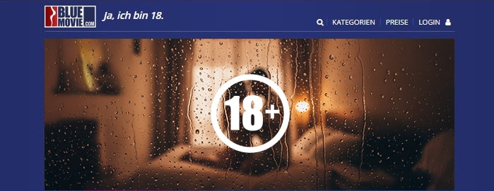 Startseite von Blue Movie mit 18+ Hinweis.