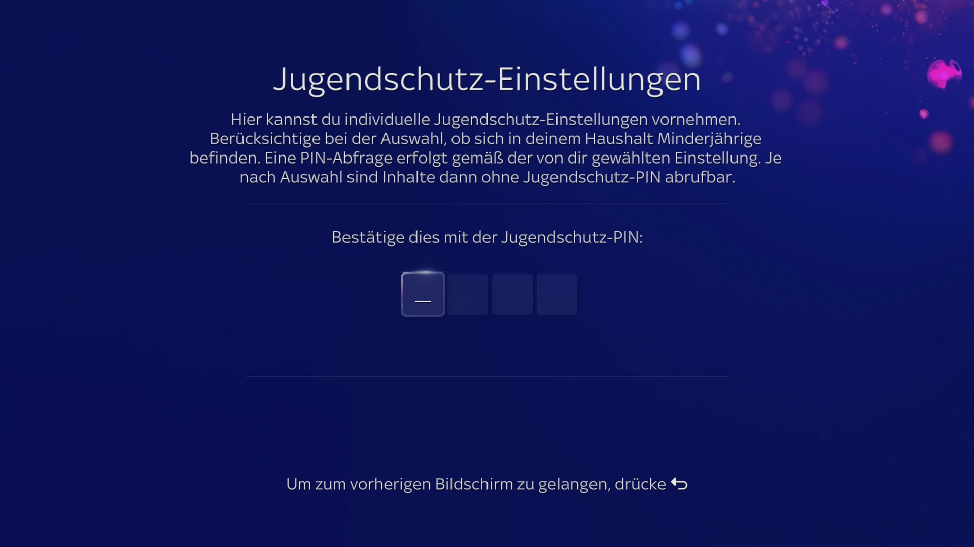Bildschirm, der den Benutzer zur Eingabe einer vierstelligen PIN für die Jugendschutz