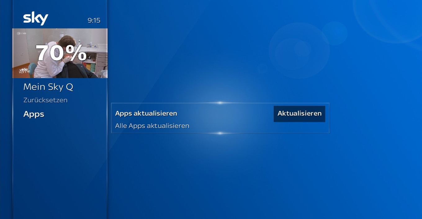Sky Q-Bildschirm; navigieren Sie unter Apps zu „Apps aktualisieren“ und drücken Sie die OK-Taste.