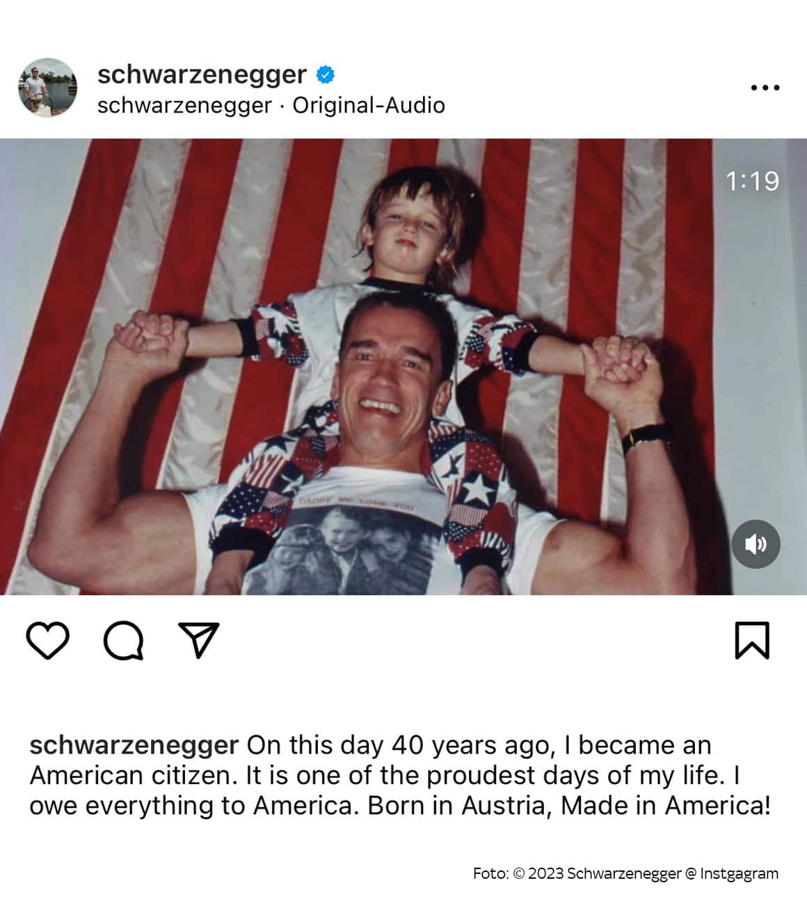 Arnold Schwarzenegger postete auf Instagram einen emotionalen Beitrag zur Feier seiner 40-jährigen US-Staatsbürgerschaft.