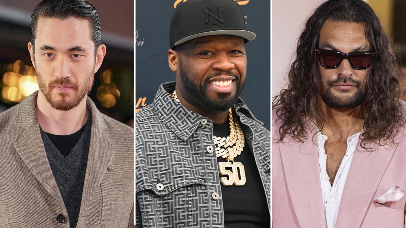 Porträtfotos von Schauspieler Andrew Koji, 50 Cent und Jason Momoa