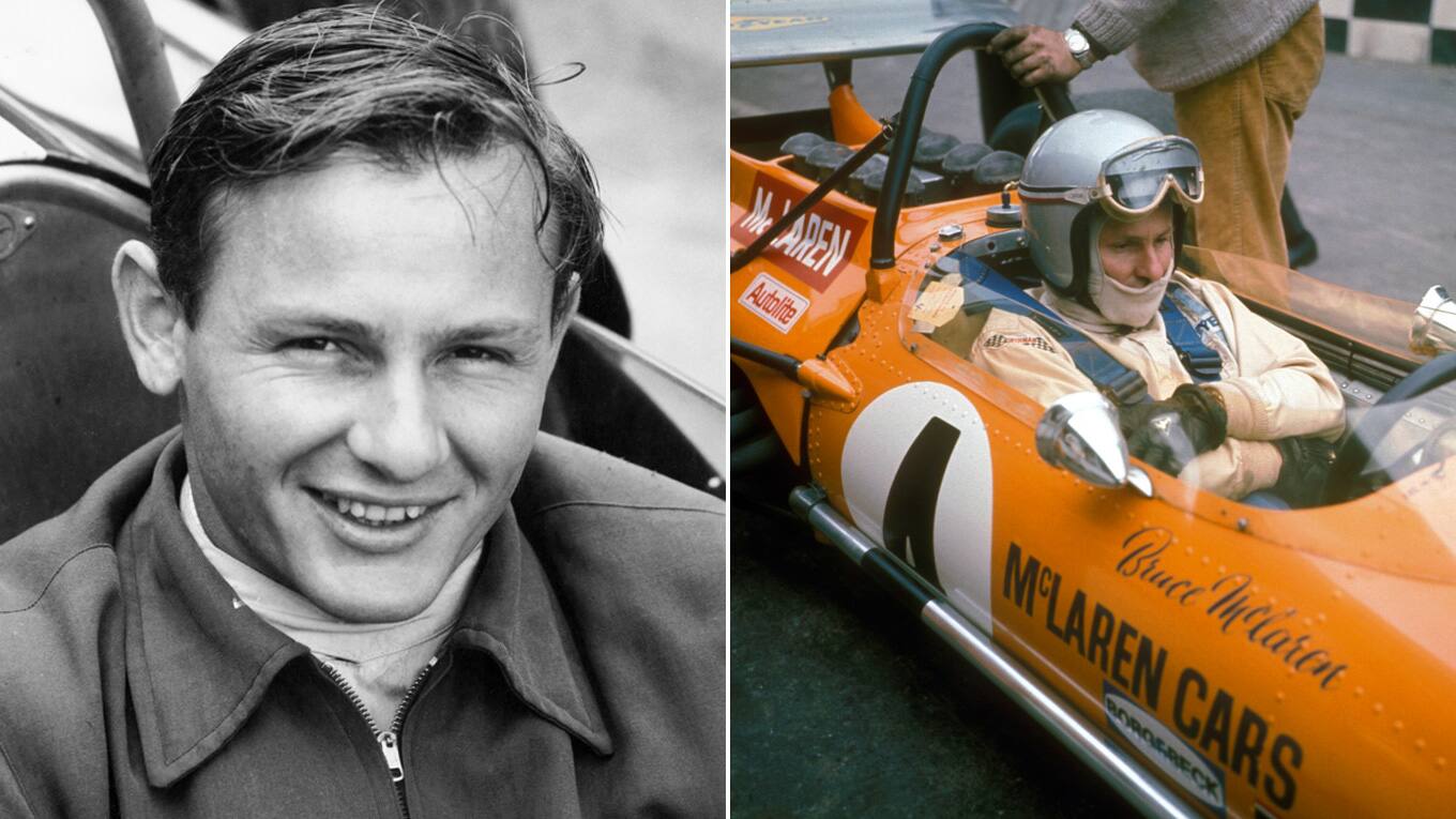 Foto-Collage von Rennfahrer und Motorsportlegende Bruce McLaren
