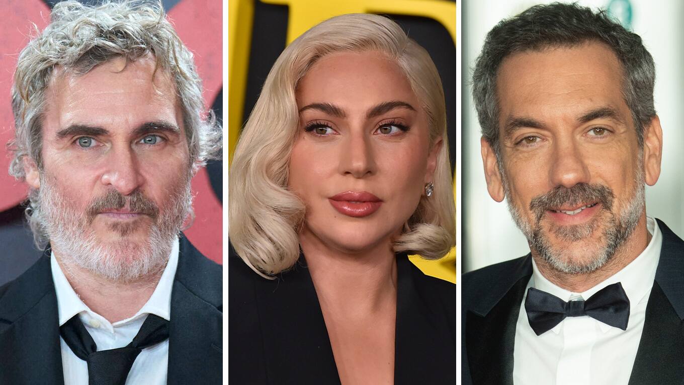 Fotos der Schauspieler Joaquin Phoenix (links), der Musikerin und Schauspielerin Lady Gaga (Mitte) und des Regisseurs Todd Phillips (rechts).