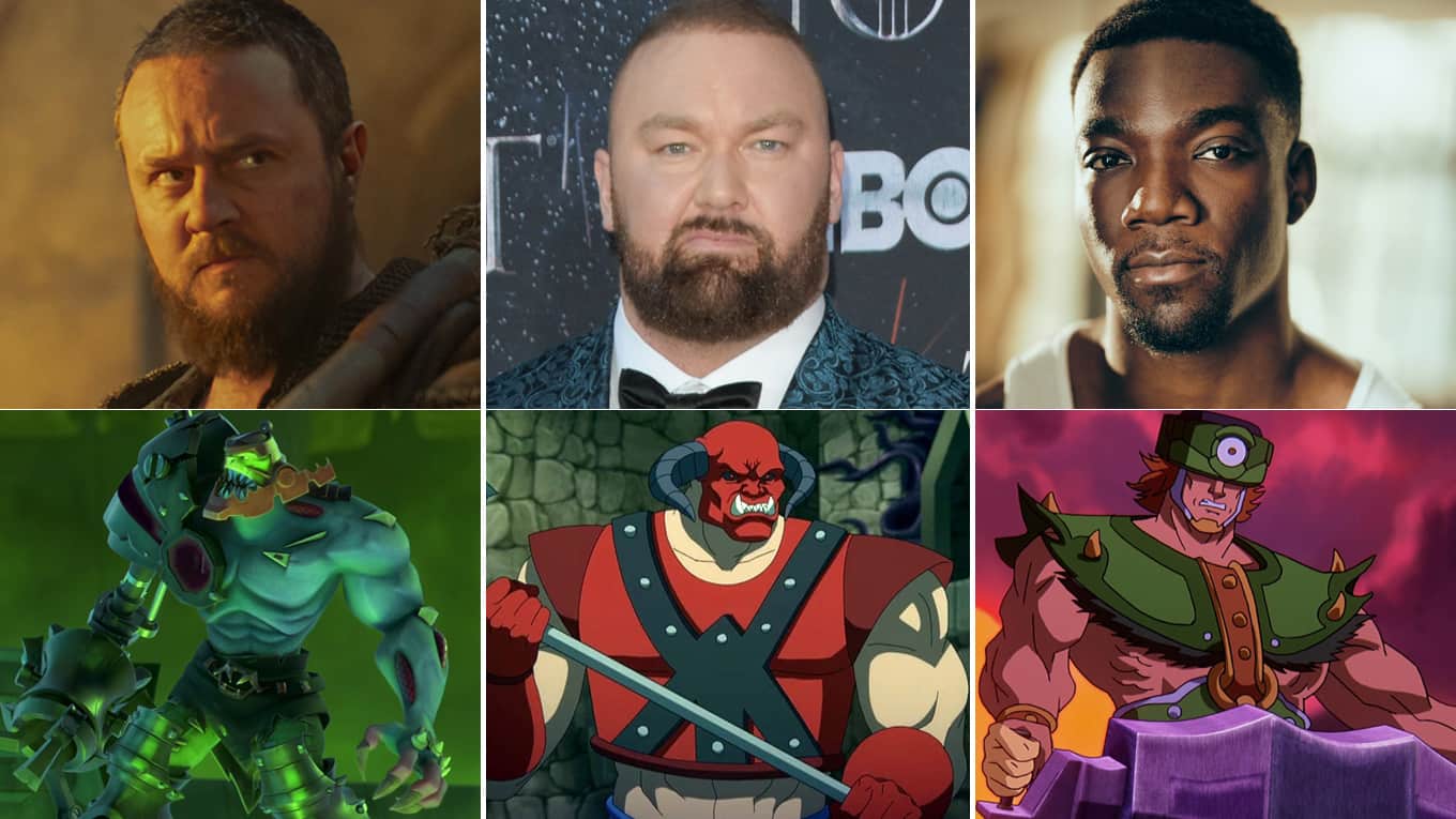 Sam C. Wilson spielt Trap Jaw (links oben und unten), Hafþór Júlíus Björnsson verkörpert Goat Man (Mitte oben und unten) und Kojo Attah stellt Tri-Clops dar (rechts oben und unten)