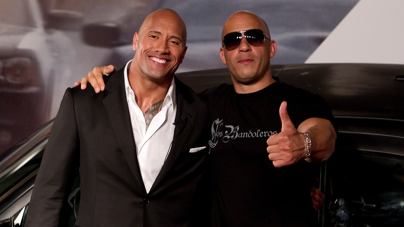 Dwayne Johnson und Vin Diesel bei der Premiere von Johnsons ersten Film der Reihe: 