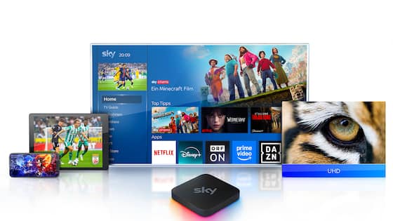 Sky Stream Box vor den unterschiedlichen UIs von Sky Stream und Sky Go auf unterschiedlichen Geräten.