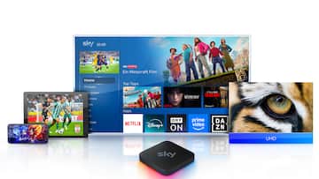 Sky Stream Box vor den unterschiedlichen UIs von Sky Stream und Sky Go auf unterschiedlichen Geräten.