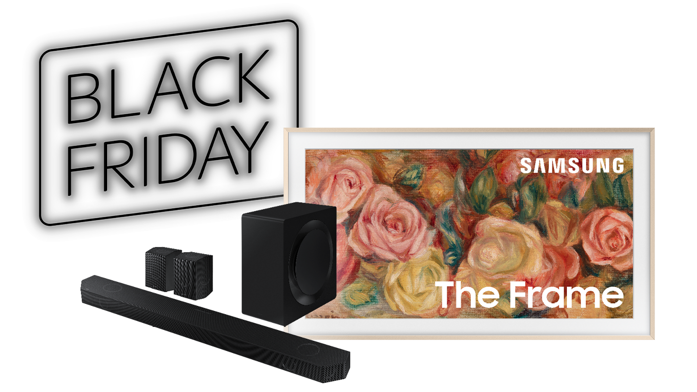 Samsung The Frame 85“ Smart-TVs inkl. Samsung Soundbar und ein Black Friday Logo