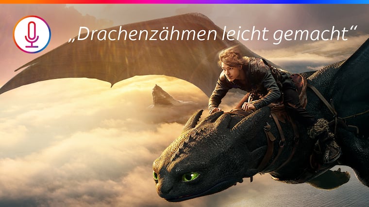 Artwork eines Sky-Inhalts mit Einblendung des Sprachsteuerungsbefehls